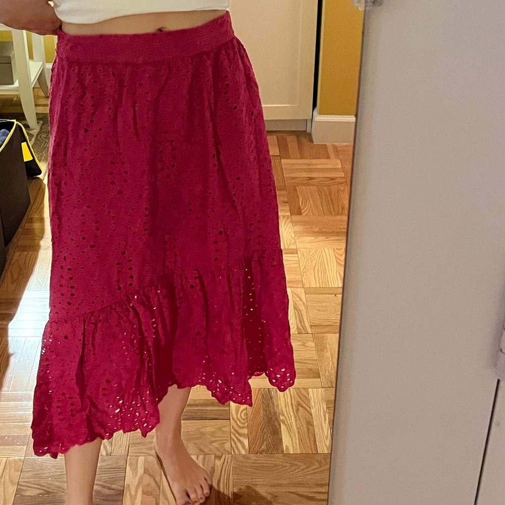 Joie Hot Pink Eyelet Ruffle Midi Skirt M